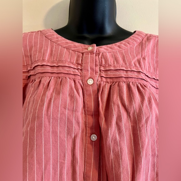 Women's LOFT Coral Pink White Striped Button Up Flowy Long Slv Blouse - Size XL - Picture 2 of 9